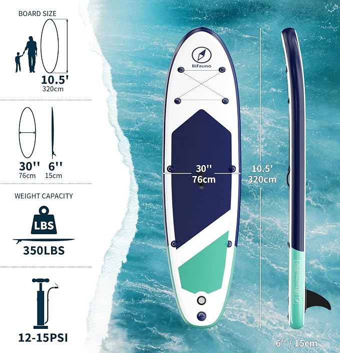 Bifanuo Inflatable Stand Up Paddle Board with SUP Accessories & Backpack. Paddle Boards for Adults. Non-Slip Deck, Wide Stance, Bottom Fin, Double Action Pump.