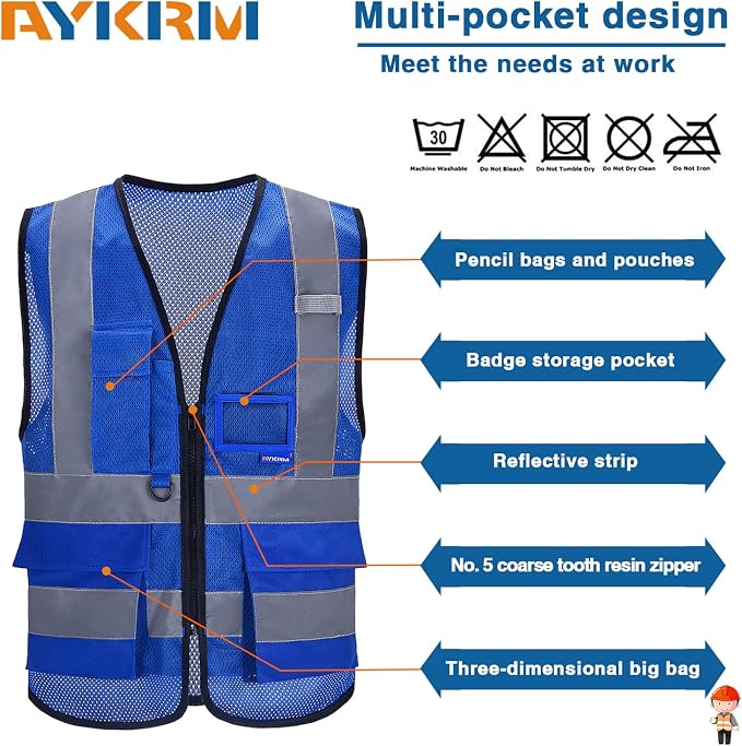 A-SAFETY High Visibility Mesh Safety Reflective Vest with Pockets and Zipper,Hi Viz Work Vest for Men Women (Blue Mesh XXL)