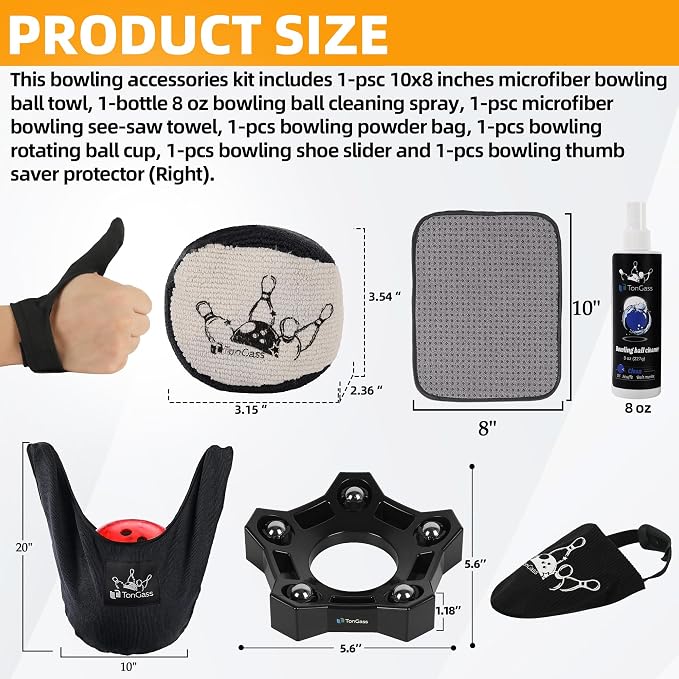 TonGass Bowling Basics Accessories Set, Microfiber Bowling Ball Seesaw Towel Set, Bowlings Cleaner Spray and Thumb Saver Protector (Right) Kit, Bowlings Rotating Ball Cup and Shoe Slider Sets