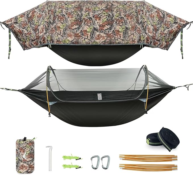 Camping Hammock Tent with Mosquito Net & RainFly, 3 in 1 Waterproof Portable Sleeping Hammock Bug Backpacker Lightweight Outdoor Gear Swing for Hiking Travel Patio Expedition(Camouflage)