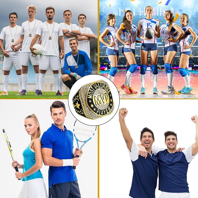 Highergo 10 Pcs Basketball Softball Baseball MVP Dancer Champion Trophy Ring with Display Stand Star Football Soccer Volleyball Golf Cheerleading Bowling Track Field