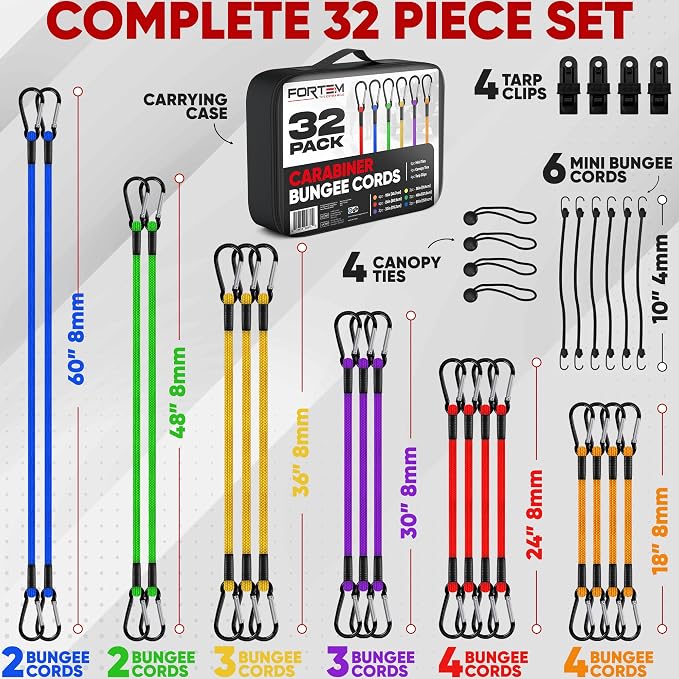 FORTEM Carabiner Bungee Cord Assortment, 32pk Bungee Cords Multi Pack, Includes 18", 24", 30", 36", 48", 60" Bungees and 8" Canopy Tarp Ball Ties, Coated Metal Hooks