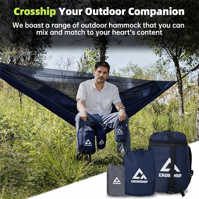 Camping Hammock with Mosquito Net, 2 Person Hammock Bug Net, Portable, Parachute Nylon for Outdoor, Camping, Hiking, Backpacking, Backyard, Beach, Travel (Hold Up to 500lbs) (Midnight Blue)