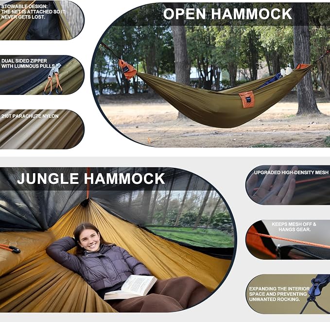 Camping Hammock with Integrated Mosquito Net, Ultralight Backpacking Hammock with Tree Straps & End-Aligned Stuff Sack, 210T Parachute Nylon Single Outdoor Portable Hammock-Olive Green & Orange