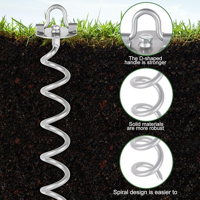 MIXXIDEA 17.5 Inch Gound Anchors Screw in, Metal Spiral Earth Anchors Kit, Heavy Duty Folding Ring Spiral Stake with Straps, Ground Stakes for Tent Trampolines, Sheds, Swings (Silver, 17.5 Inch)
