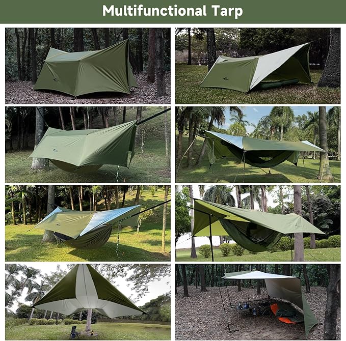 14ft Hammock Rain Fly Lightweight Waterproof Camping Tent Tarp with Doors and Dual Support Poles, Bushcraft Tarp Shelter for Backpacking Hiking Camping