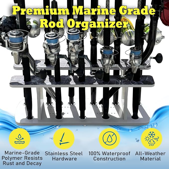 Rush Creek Creations Reel Salty Fishing Rod Holder Rack for 13 Rods – Marine Grade 2-Tier Storage Organizer, UV-Resistant Waterproof Rod Rack for Garage, Dock & Boat