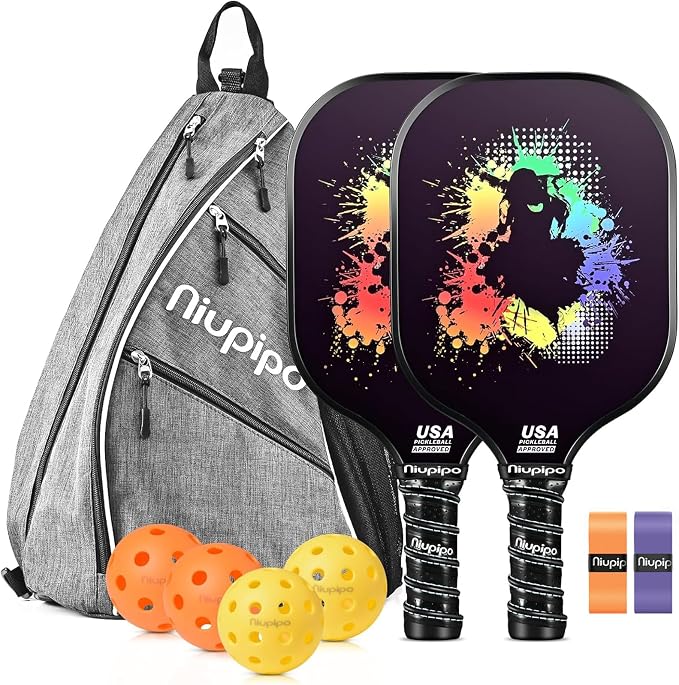 niupipo Pickleball Paddles Set of 2/4/1, USAPA Approved Carbon Fiber & Fiberglass Hybrid, Easy Power, Polypropylene Honeycomb Core, Cushioned 4.72" Grip, Bag/Cover, Pickleball Paddle Set for Men Women