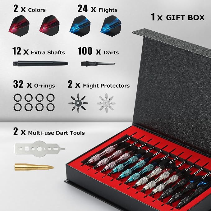 Soft Tip Darts Set with Gift Box Dart Case Professional Darts Plastic Tip with 100 Dart Tips 12 Shafts 24 Flights Tool Kit Flight Protectors for Electronic Dart Board
