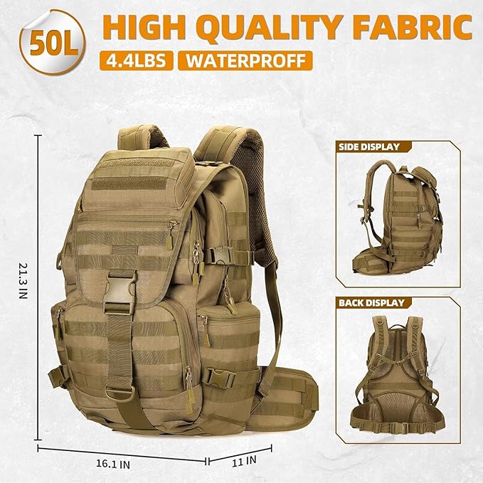 50L Military Tactical Backpack 3 Day Assault Pack Molle Daypack Hiking Backpack for Men and Women