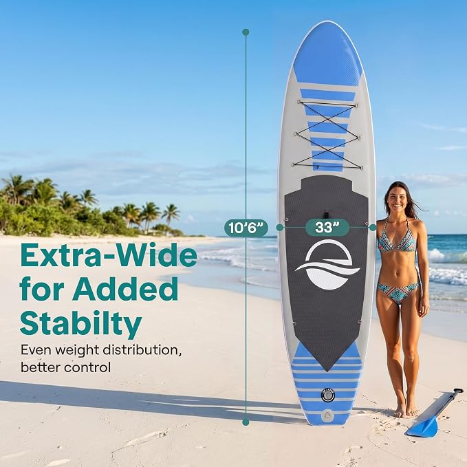 SereneLife 10’6" Inflatable Stand Up Paddle Board with Premium SUP Accessories - Wide Stable Design with Non-Slip EVA Deck Pad, for Youth and Adults, 350 lbs. Capacity
