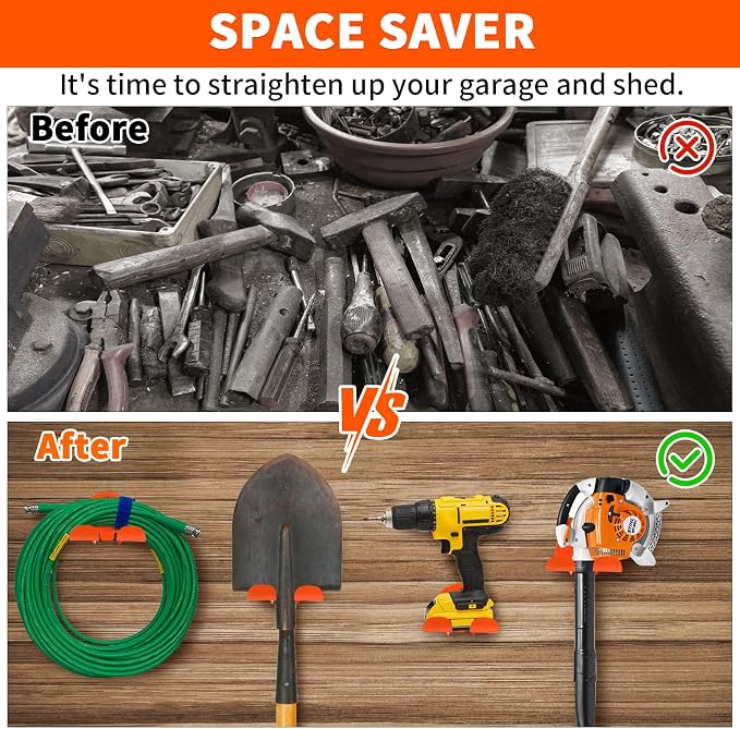 Upgraded Trimmer Rack Wall Mount - 8" Heavy Duty Weed Eater Hanger for Garage Wall, Garden Power Tool Holder Organizer Hooks for Grass Trimmer, Hedge Trimmer, Leaf Blower and Chainsaw, Orange, 1 Pack