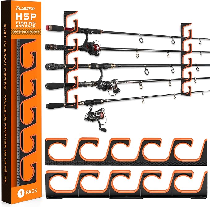 PLUSINNO H5P Fishing Rod/Pole Holders for Garage, Fishing Rod Holder Ceiling or Wall Mounted Rod Rack, Fishing Gear Equipment Storage Organizer Holds up to 5 Rods or Combos or Nets