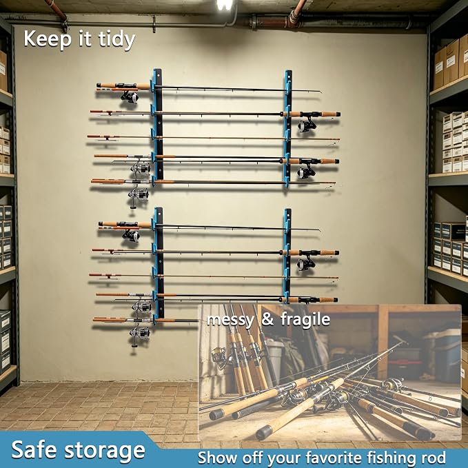 Fishing Rod Holders & Pole Holders for Garage, Wall Mounted Metal Fishing Rod Storage Organizer Rack Holds Up to 6/10/12/20 Rods or Combos, Suitable for Catfish Fishing Gear