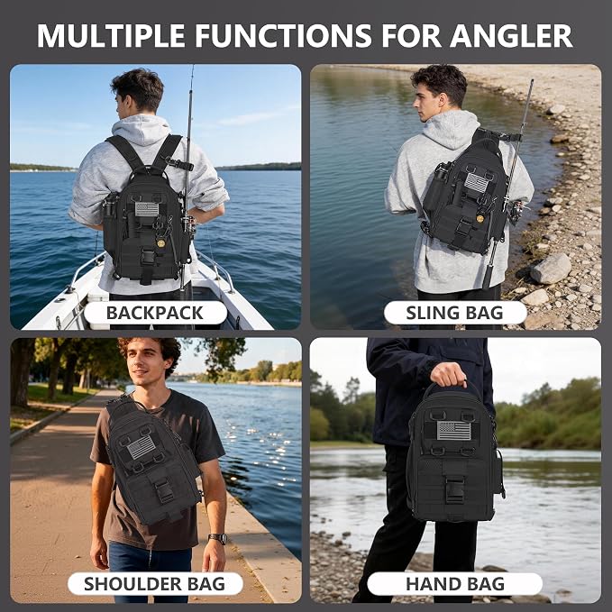 GMAK Fishing Backpack with Tackle Boxes, Fishing Sling Tackle Backpack Bag for Fish Gear With Rod Holder, Fish Kits Gifts for Men Women with Lures, Pliers, Lip Gripper, Black Kit