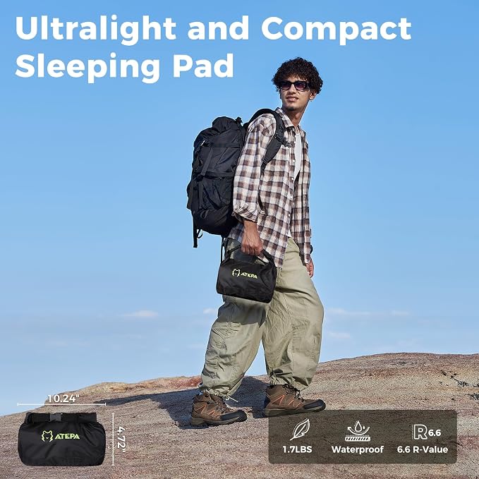ATEPA ThermAir Pro Insulated Sleeping Pad for Backpacking, 6.6 R-Value 4” Thick Ultralight Quiet Camping Air Mattress with Pump Sack, Wide Long 77”x25”, 4-Season Sleeping Mat for Hiking Travel