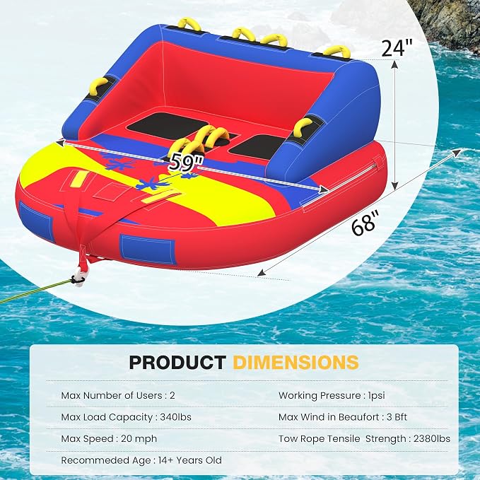 2-Person Towable Tubes for Boating with Towable Rope, Couch Reversible Boat Tube, Padded Bolster Guard Handles & Quick-Connect Tow Point | Towable Rope,Couch Reversible Boat Tube,Padded Bolster Guard Handles,Quick-Connect Tow Point