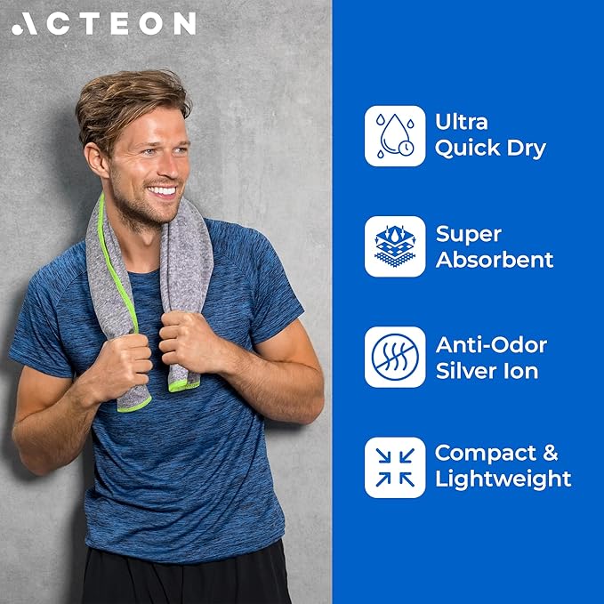 Acteon Microfiber Quick Dry Gym Towel, Silver ION Odor-Free Mega Absorbent Fiber Fast Drying Men Women Workout Gear for Body Sweat, Camping, Working Out Travel Towels – 3 Pack, 30x16, Heather Grey