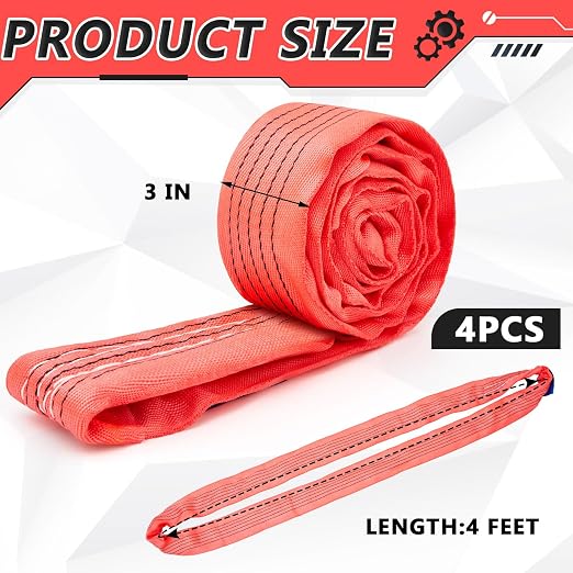 Fabbay 4 Pcs 4 Feet Heavy Duty Polyester Endless Loop Round Lift Slings Lifting Straps for Hoist Towing Moving Furniture Rigging Equipment, 13200 LB Vertical, 10600 LB Choker, 26400 LBs Basket(Red)