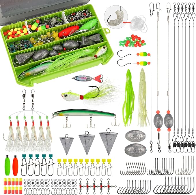 THKFISH Surf Fishing Tackle Kit, Saltwater Gear Set Saltwater Fishing Lures Fishing Bait Rigs Crankbait Spoon Bucktail Jigs Pyramid Sinkers Fishing Hooks Swivels,Perfect Fisherman's Gift
