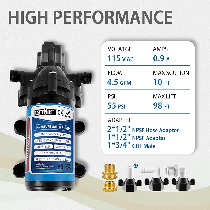 WASSERMANN Water Pressure Booster Pump 115 Volt AC 4.5GPM 55PSI,Water Pump Self Priming Diaphragm Pump with Pressure Switch for Kitchen Bathroom Marine Yacht Garden
