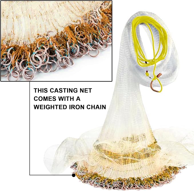 Nylon Multfilament Cast Net, American Style Hand Throwing Fishing Net for Saltwater and Freshwater, 3/8 Inches Mesh