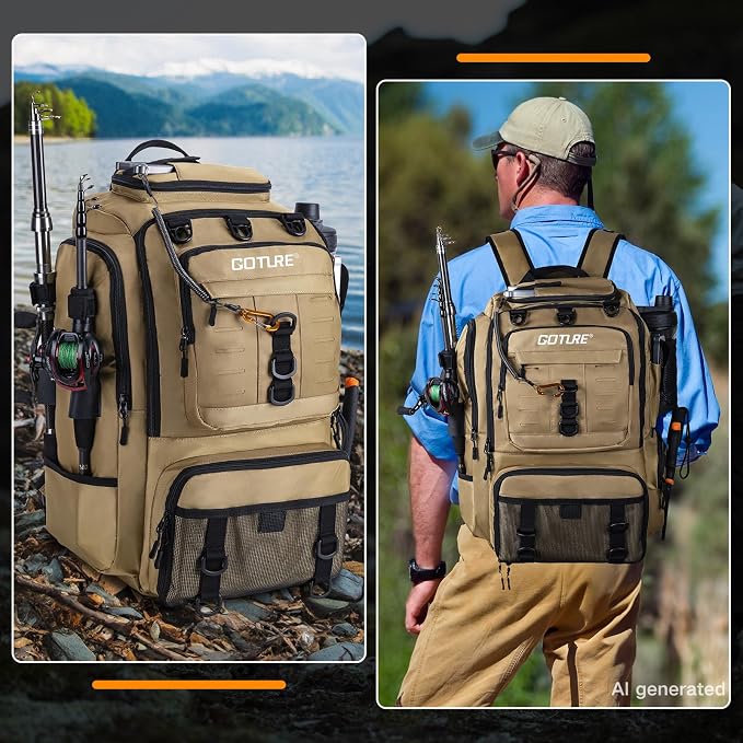 Goture 40L Fishing Tackle Backpack with Cooler Compartment Khaki, Water-Resistant Fishing Gear Bag & Rain Cover & 3600 Trays