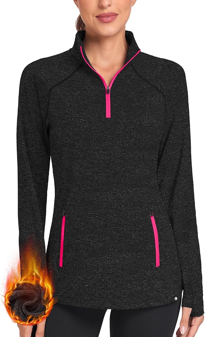 Soneven Women's Thermal Fleece Running Shirts Warm Winter Pullover Cold Weather Workout Hiking Tops with Thumb Holes Pockets