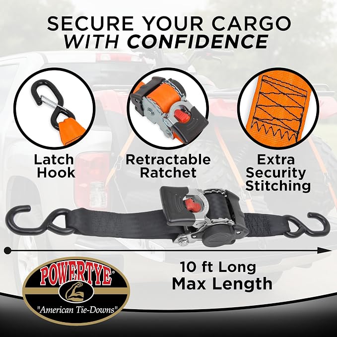 PowerTye - 2 inch x 10ft Long Retractable Ratchet Tie Down Strap with Latch-Hooks - Self-Retracting Ratchet, 800 lb W.L.L., Ideal for Motorcycle, ATV, Cargo, Includes Bag & Soft-Tyes, Black (Pair)
