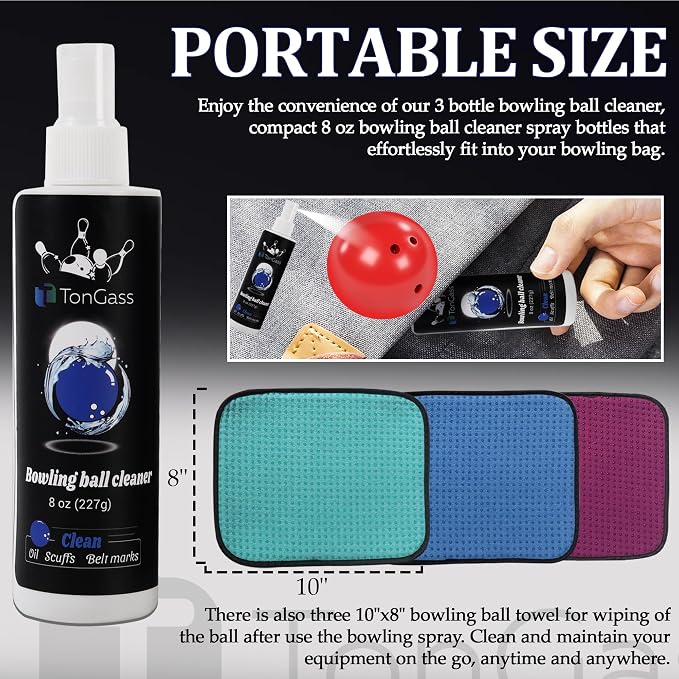 TonGass (3+3 Pack Bowling Ball Cleaner Spray Kit with Bowling Towel (Multicolor), Portable Bowlings Cleaner Set Accessories, Oil Scuff Mark Cleaners, Restores Tack and Prolongs Lifespan of Balls