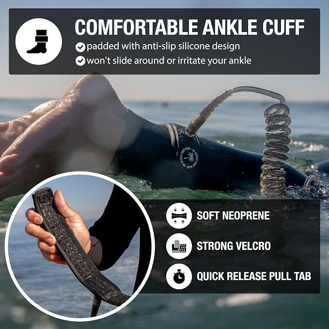 Ho Stevie! Foil Ankle Leash for Hydrofoil Boards - No Drag in Water, No Toe Tangles - 6ft Coiled Ankle Leash