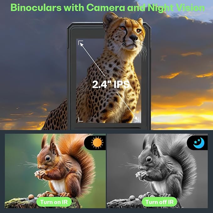 Binoculars with Camera and Night Vision - 12x42 Digital Binoculars with 2.4" IPS Screen, 7 IR Modes for 200-300m in Darkness, for Adults Bird Watching, Hiking, Camping - Includes 32GB Card (Black)