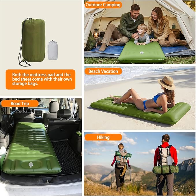 Camping Sleeping Pad, Extra Thick 5 Inch Self Inflating Camping Mat with Ultralight Sleeping Bag Liner Travel Sheet, Camping Pads with Pillow & Foot Pump for Outdoor Hiking, Backpacking, Travel(Green)