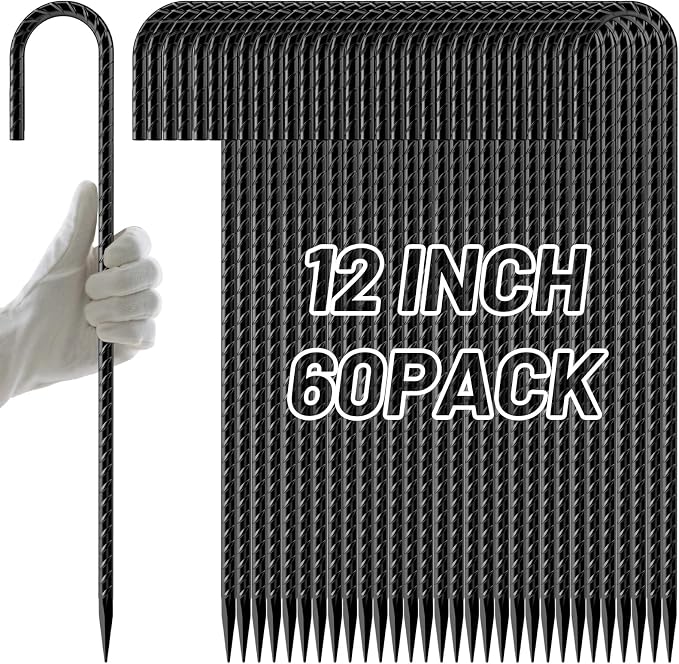 AAGUT Rebar Stakes 12 Inch 60 Pack, J Hook Premium Black Coated Ground Garden Anchors Heavy Duty, Superior Rust Resistance Chain Link Fence Stakes for Camping Tent, Inflatables, Lawn Decor