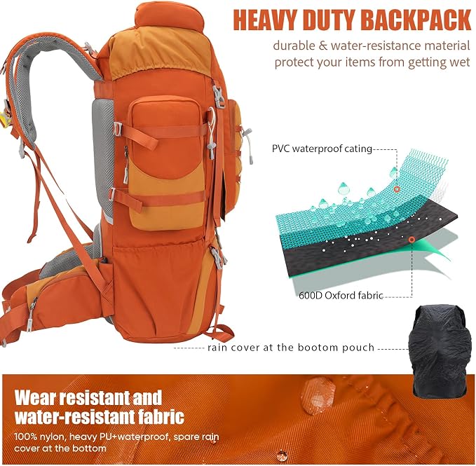 Bseash 70L (65+5) Waterproof Hiking Camping Backpack with Rain Cover, Outdoor Sport Travel Daypack for Climbing Touring (Orange)