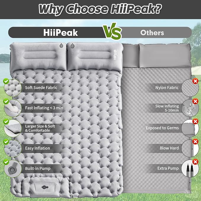 HiiPeak Double Sleeping Pad for Camping - Suede Top Camping Mattress with Pillow, Built-in Foot Pump, Compact Inflatable 2-Person Portable Mat for Backpacking, Hiking, Car Traveling, Beach, Tent