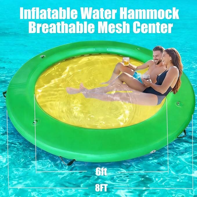 Water Hammock Inflatable Dock, 3.8ft/6ft/8ft Floating Raft Circular Water Island, Float Rings Air Mesh Platform for Lake/River/Swim Pool