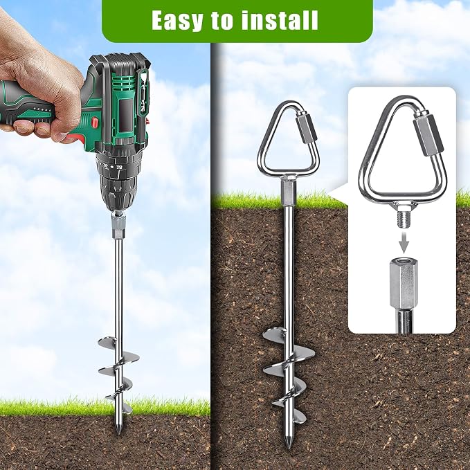 Insaga 17" Heavy Duty Ground Anchors Screw in - 4 Pack Chrome Plated with Reinforced Triangle Bracket for Trampoline, Swing Set, Shed, Mobile Home, Carport - High Wind Resistance for All Soil Types