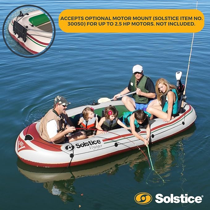 SOLSTICE Inflatable Boat for Lakes, Rivers & Beaches – Heavy-Duty Raft with Swivel Oar Locks, Rod Holders & Inflatable Seats – Voyager, Fishing, 6-Person, Brown, 11'