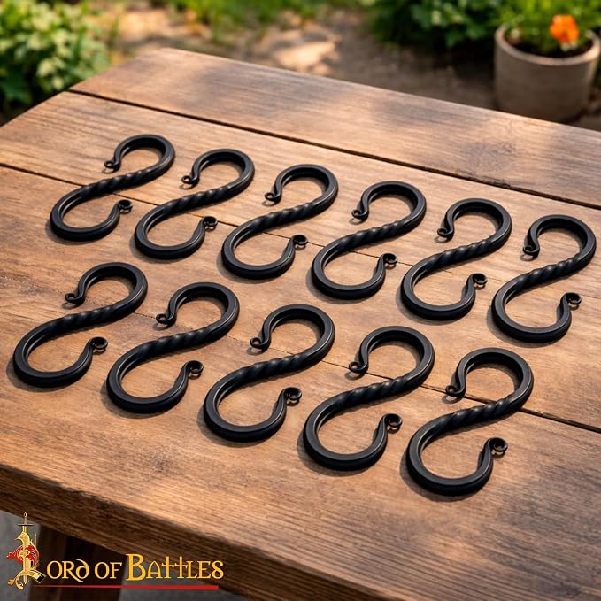 Lord of Battles Twisted Hand Forged Iron S-Hooks Set of 20- Medieval Rustic Twisted Black S-Shaped Heavy Duty Hanging Hooks for Kitchen, Camping, Garden & Home