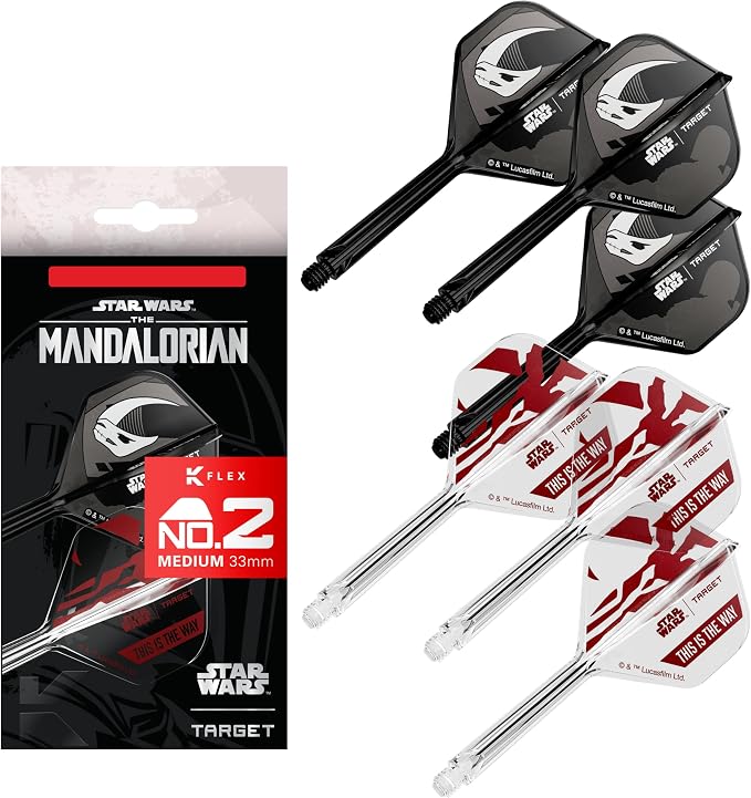 Target Darts Star Wars Mandalorian K Flex Integrated Dart Flights & Shafts | Character Inspired Pack of 3 K-Flex, No.2 & No.6 | Short, Intermediate & Medium Disney Kflex Accessories