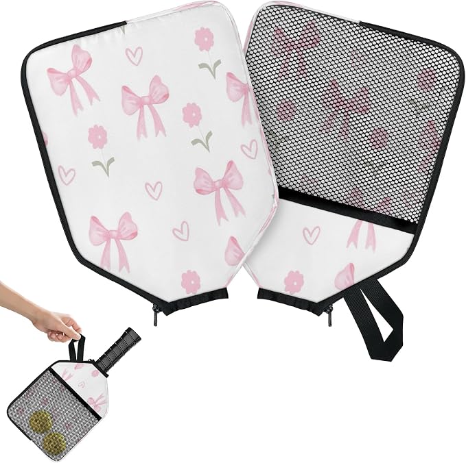 Flowers Bows Pickleball Paddle Cover Racket Sleeve Bag with Handle Strap Mesh Pocket 12.4 × 9.45 Inch Universal Fit for USAPA Standard Paddles for Outdoor Travel 2 PCS