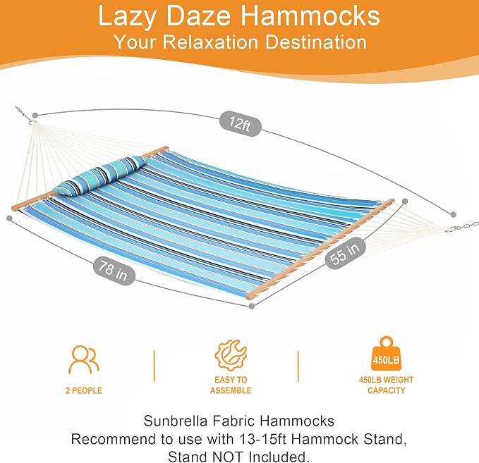 Lazy Daze Hammocks 12 FT Sunbrella Fabric Hammock Non-Fading with Spreader Bars and Free Pillow Fits for 2 Persons, All Weather and Fade Resistant for Patio Yard, 450 lbs Capacity, Dolce Oasis