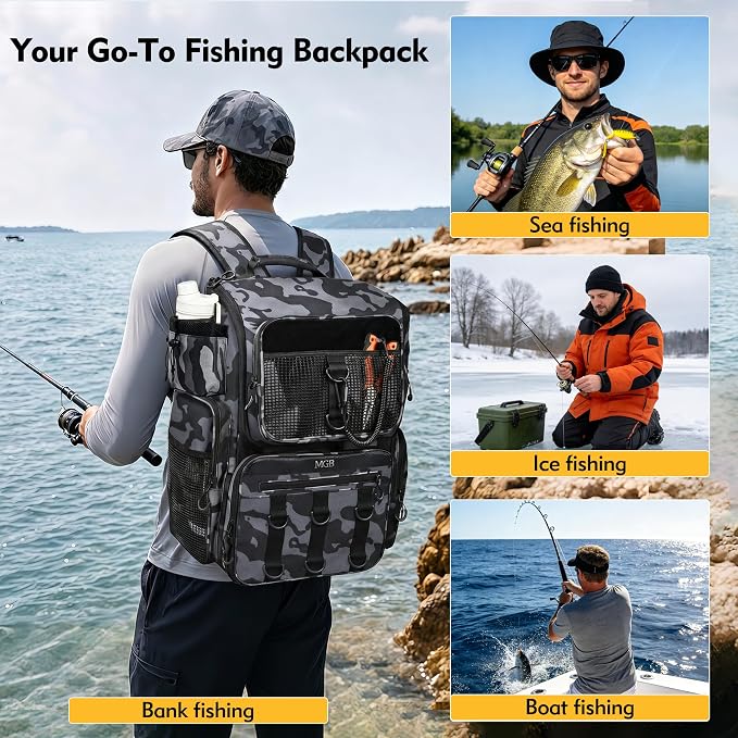 MGB 46L Fishing Tackle Backpack with 2 Rod Holders & YKK Zipper Storage Fishing Gear and Equipment, Gifts for Men Father