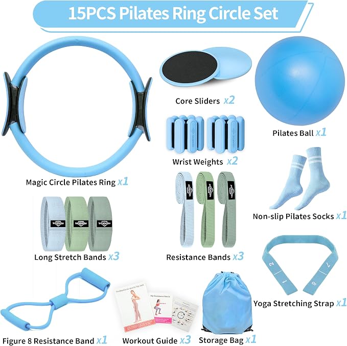 DICYWUDI Pilates Essentials Kit for Home Women, Pilates Equipment for Workouts, 6 Fabric Resistance Bands, 12 Inch Magic Circle Yoga Ring, Mini Exercise Ball, Great Exercise Equipment