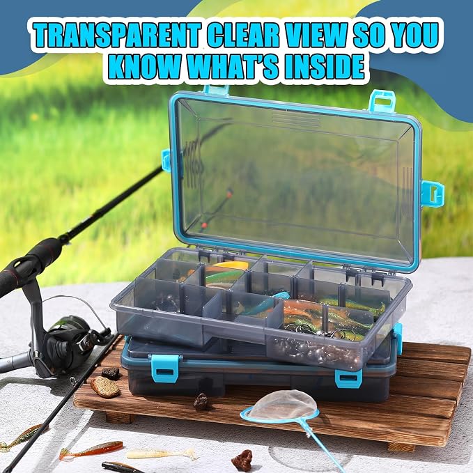 Wonderjune 12 Pack Fishing Tackle Boxes Waterproof 3600 and 3700 Tackle Trays with Removable Dividers Plastic Storage Organizer Bait Vault Camouflage Box for Freshwater Saltwater (Blue,3600)