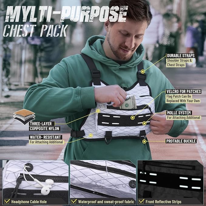RXW Outdoor Sport Chest Rig for Men Women, Running Vest Bag with Pack Holster, Chest Pack Built in Phone Holder for Cycling, Camping,Travel, Hiking, Workouts, EDC（White）