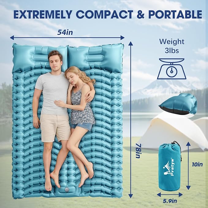 Double Sleeping Pad for Camping - Ultralight Camping Mattress with Pillow, Built-in Foot Pump, Compact Inflatable 2-Person Portable Mat for Backpacking, Hiking, Car Traveling, Beach, Tent