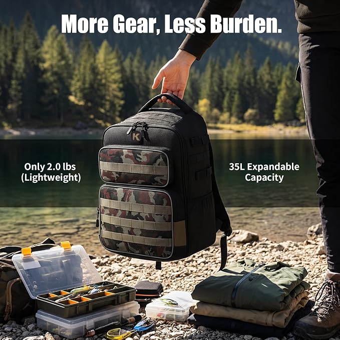 35L Tactical Fishing Backpack, Waterproof Tackle Backpack with 2 Rod Holders and 50+UV Protection Arm Sleeves,2LB Lightweight Fishing Bag, Daypack for Hiking, Hunting, Camping