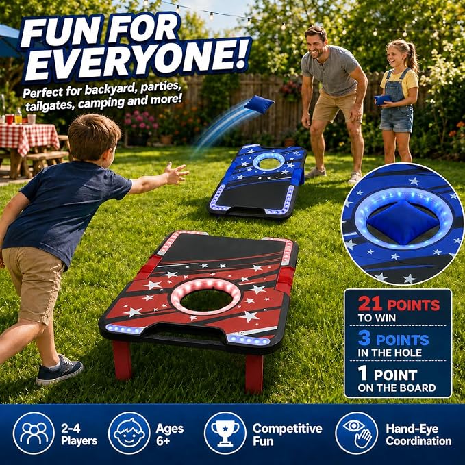 Foldable Cornhole Board Set with LED Lights, Sound Effects & Built-in Score Slider, Outdoor Bean Bag Toss Game for Kids Adults, Portable Backyard Camping Party Game Set with 2 Boards 8 Bags